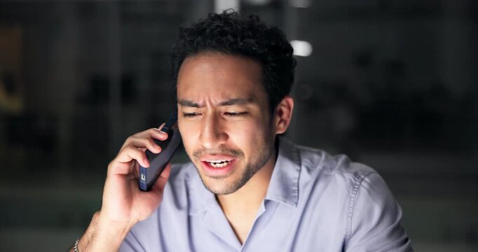 Night, business and man in office, phone call and communication with stress, app and angry. Evening, person and employee in workplace, smartphone and frustrated with connection, confused and reaction