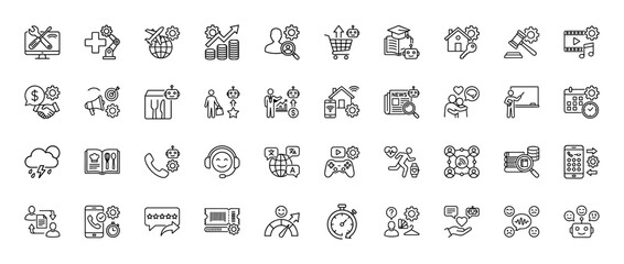Business and service management line icon set. Vector pictograms of settings, finance, support, and technology, thin linear illustration.