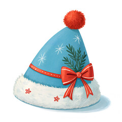 Santa Claus blue hat isolated on white background, Santa Claus blue hat with fir tree branches, Santa Claus blue hat with mistletoe, with red elegant ribbon.