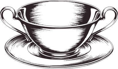 Black and white illustration of a two handled soup tureen on a saucer