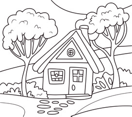 Black and white line art illustration of a house with trees