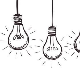 Black and white line drawing of three hanging light bulbs