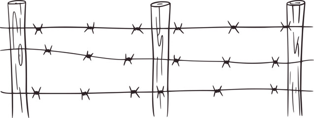 Black and white simple drawing of barbed wire fence