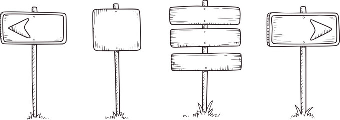 Black and white sketch of four different wooden signs