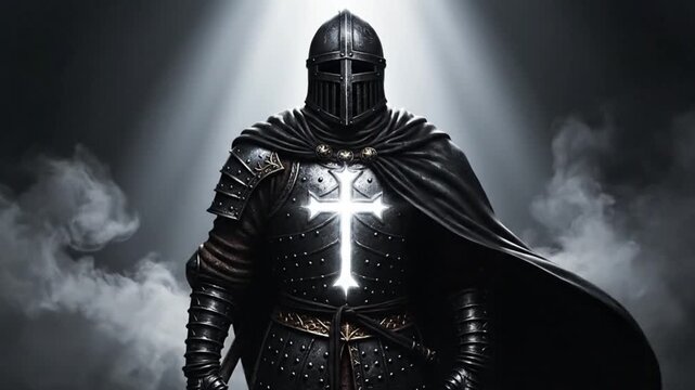 A knight templar in armor with a shining cross on the chest standing heroically in a dramatic foggy atmosphere with cinematic lighting.