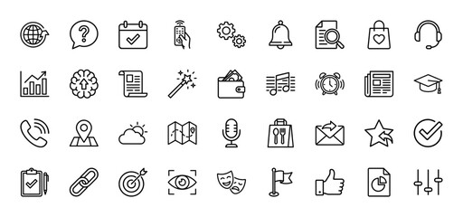 Business and commerce line icon set. Vector pictograms of calendar, wallet, chart, map, and settings, thin linear illustration.