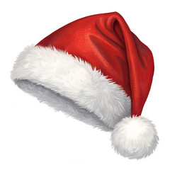 Santa Claus red hat on the white background , Single beautiful red santa claus hat,  Christmas Santa Claus Hat With Fur,  red hat with pompom, Festive Santa Claus Hat.