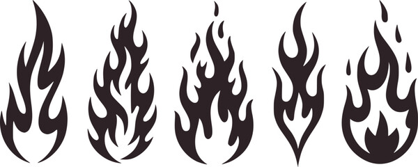 Five dark grey flame designs on white background fire