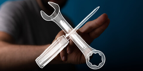 High-quality image of hands holding a wrench and screwdriver. Ideal for repair, maintenance, and...