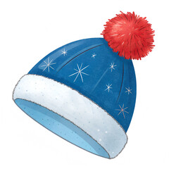 Hand drawn watercolor blue winter hat on white background, Flat style design,  Santa Claus beautiful blue hat for chirstmas  with white bubuon,  with white snowflakes.