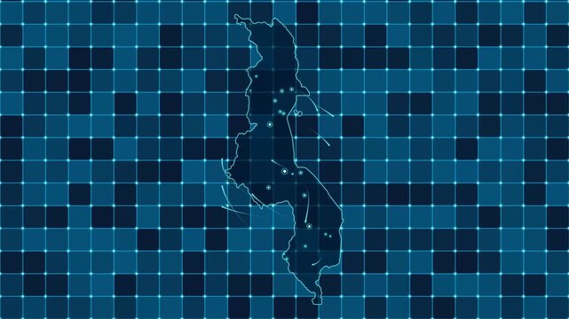 Digital grid map animation of Malawi, Technology, Communication, Transportation