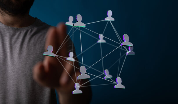 Conceptual image of a network with connecting nodes representing people, signifying digital interaction, collaboration, and teamwork. Ideal for