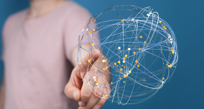 A person's hand holding a glowing digital globe representing global connectivity and networks. Ideal for illustrating concepts of technology, bu