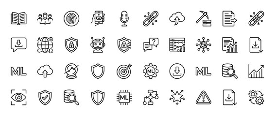 Fototapeta premium Machine learning and artificial intelligence line icon set. Vector pictograms of chatbot, data mining, algorithm, security and analytics. Thin linear illustration.