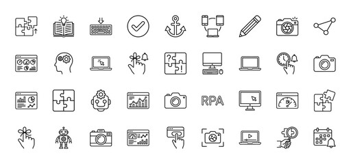 Business and technology line icon set. vector pictograms of automation, analytics, camera, laptop, and puzzles, thin linear illustration.