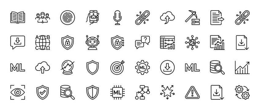 Machine learning and artificial intelligence line icon set. Vector pictograms of chatbot, data mining, algorithm, security and analytics. Thin linear illustration.