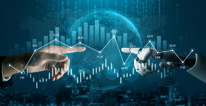 Two hands, one human and one robotic, reach towards a digital globe filled with data visuals, representing the fusion of technology and finance in modern markets. Scalp - Powered by Adobe