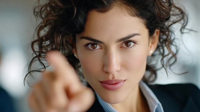 Confident Businesswoman Pointing: A poised and confident businesswoman, exuding a commanding presence as she extends a decisive gesture with her pointing finger, symbolizing direction and focus.