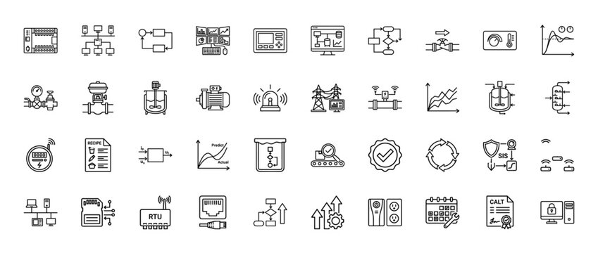 Industrial automation and control system line icon set. Vector pictograms of plc, scada, rtu, valve, motor, and sis, thin linear illustration.