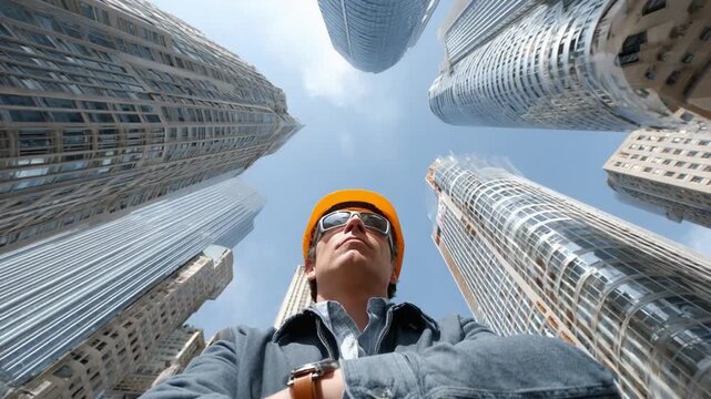 Skyline Perspective: An architect gazes upwards, dwarfed by the towering majesty of contemporary skyscrapers, embodying vision and ambition amidst an urban landscape.