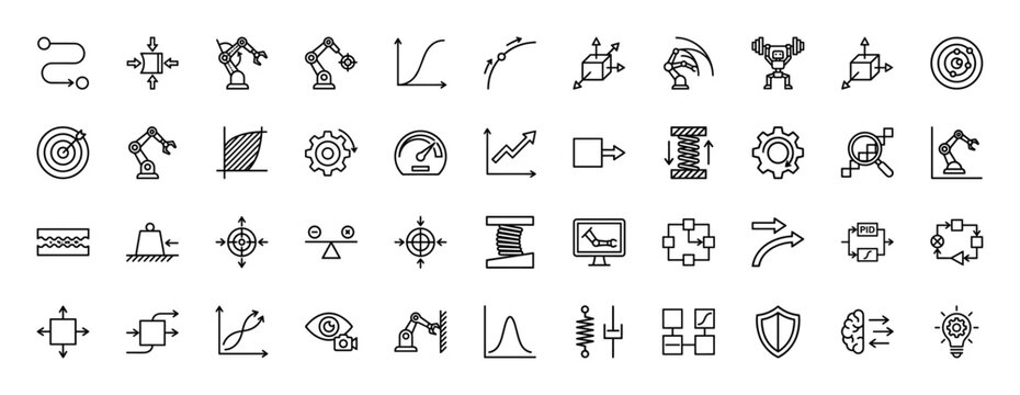 Control engineering and automation line icon set. Vector pictograms of robot arm, pid, feedback loop, physics, spring, gears, vision system, thin linear illustration.