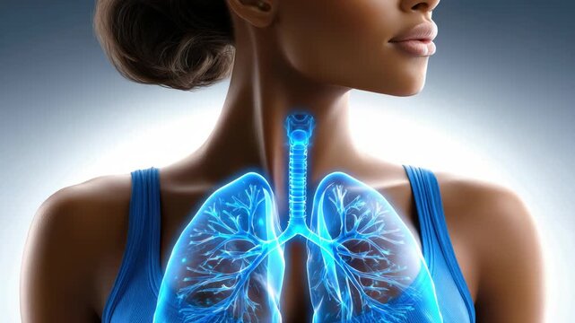 Medical animation showing an asthma attack with inflamed and constricted airways, highlighting the human respiratory system's response to breathing difficulties and pulmonary disease