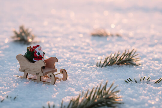 Wooden Sleigh with Santa Claus Figurine on Snowy Ground - Powered by Adobe