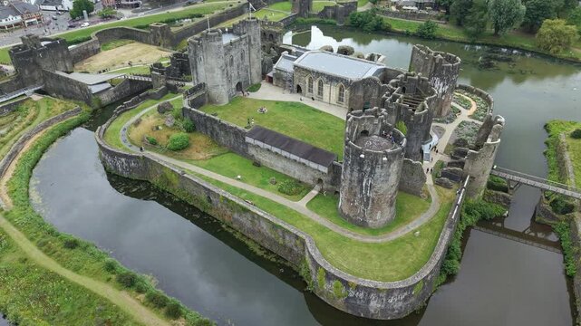 Aerial view of the largest castle in Wales, a 13th-century Norman fortress