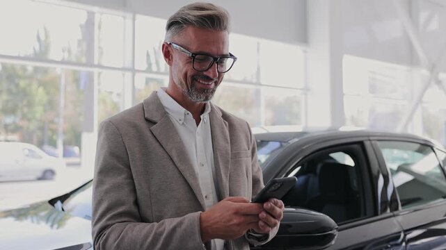 Happy man customer male buyer client wears classic suit hold use mobile cell phone chooses auto wants buy new automobile in car showroom vehicle salon dealership store motor show indoor. Sales concept