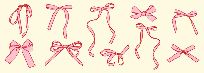 Vector set of pink hand-drawn bows in various shapes.