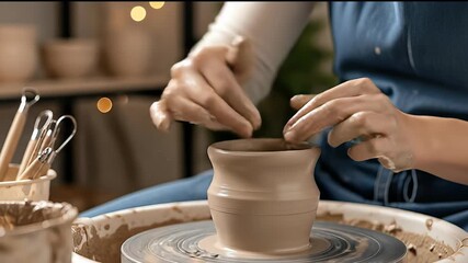 Skilled artisan shaping clay on a pottery wheel, hands delicately molding a vessel, showcasing craftsmanship, camera zooms in for detailed view of the process