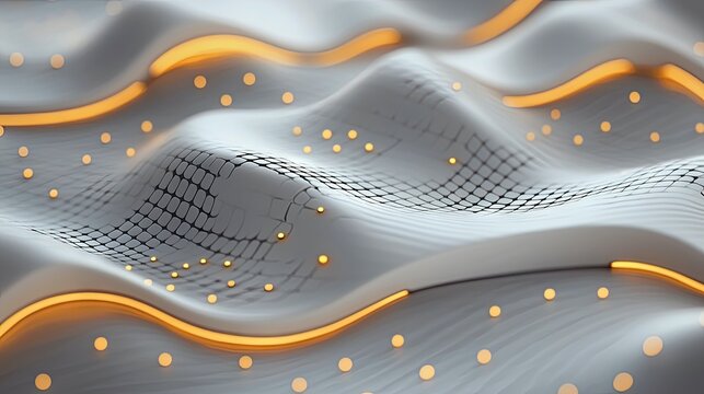 An abstract image featuring a wavy, textured surface with glowing orange accents and small circular lights, creating a futuristic and dynamic visual.