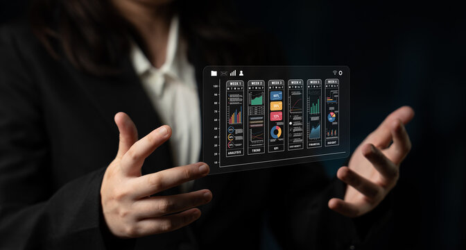 A weekly business performance report and analytics dashboard. A concept for tracking trends, KPIs, financial data, and insights over time. Motif