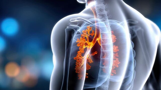 Interactive 3D medical animation showing inflamed bronchial tubes and airway constriction in the lungs with rotating transparent view of trachea, bronchi, alveoli and chest anatomy
