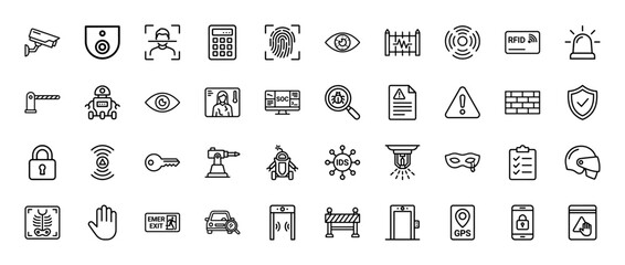 Fototapeta premium Security and surveillance line icon set. Vector pictograms of access control, facial recognition, and cybersecurity elements, thin linear illustration.