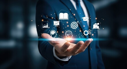 Digital Education, E-learning, and Online Knowledge Concept with Businessman Holding Virtual Learning Icons
