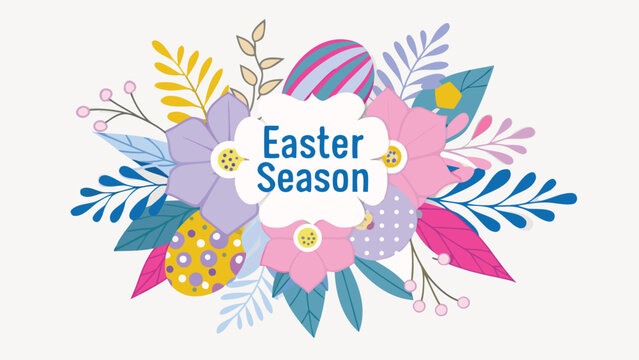 Happy easter season greeting with colorful decorative flowers and painted eggs in a festive floral arrangement for spring celebrations