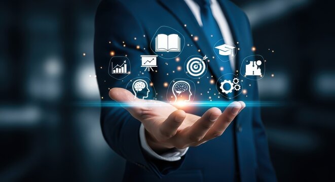 Digital Education, E-learning, and Online Knowledge Concept with Businessman Holding Virtual Learning Icons