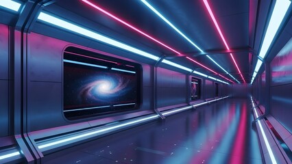 A 3D rendering of a futuristic corridor. The walls are polished metal, seamlessly integrated with a large, isolated transparent window. The space is bathed in the cool and warm glow of strategic blue 