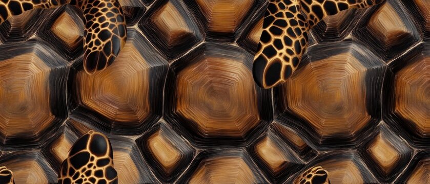 Turtle shell texture with copy space. Close-up turtle pattern. Reptile shell design. Turtle scales. Realistic turtle shell. Turtle design texture. Detailed turtle shell close-up. Wild Animal texture.	