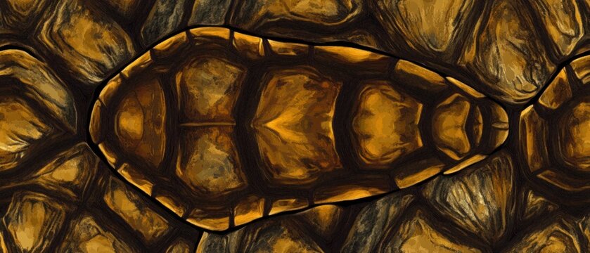 Turtle shell texture with copy space. Close-up turtle pattern. Reptile shell design. Turtle scales. Realistic turtle shell. Turtle design texture. Detailed turtle shell close-up. Wild Animal texture.	