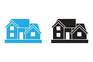 Illustration of two houses isolated on, one in blue and the other in black, showcasing simple architectural design and contrasting color schemes