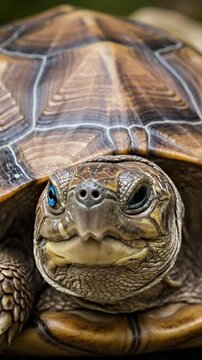 A captivating close-up portrait of a tortoise reveals its ancient beauty and intriguing features. The reptile's textured skin and intricate shell patterns are highlighted, drawing attention to its str