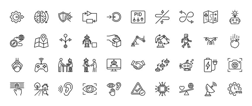 Automation and robotics line icon set. Vector pictograms of machine learning, control system, drone, and mechanical arm, thin linear illustration.