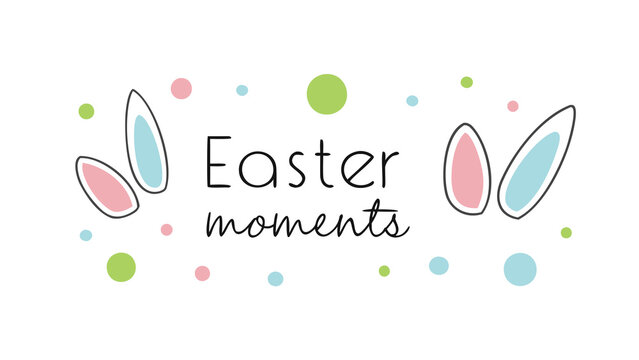 Charming easter moments text with cute bunny ears and colorful polka dots in pastel shades on a white background for festive greetings and celebrations