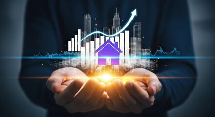 Real Estate Growth and Property Investment Concept with Cityscape, House Icon, and Financial Growth Chart
