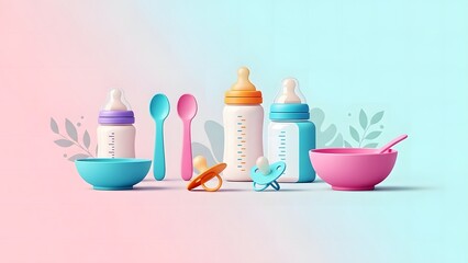 Baby feeding essentials bottles spoons and bowls on light blue background