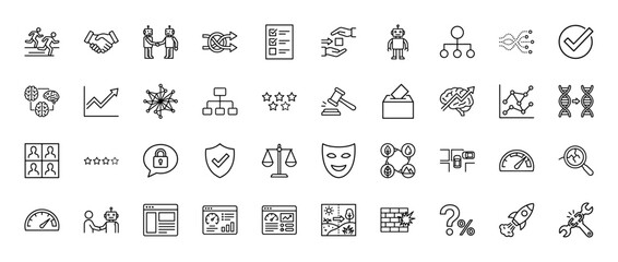 Artificial intelligence and business icon set. Vector pictograms of decision making, robotics, data analysis, and security, thin line illustration.