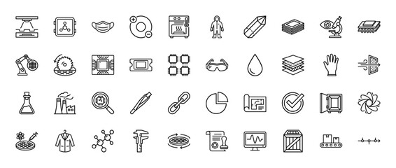 Fototapeta premium Science and laboratory line icon set. Vector pictograms of research, manufacturing, chemistry, and safety equipment, thin linear illustration.