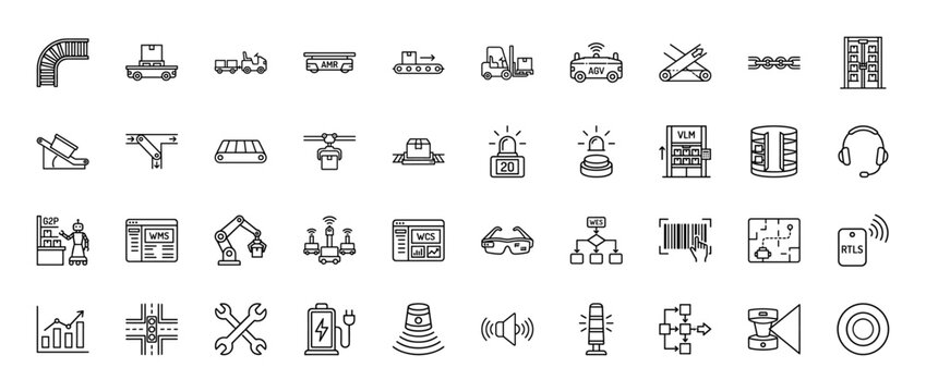 Logistics and warehouse automation line icon set. Vector pictograms of conveyor belt, forklift, rfid, and agv, thin linear illustration.